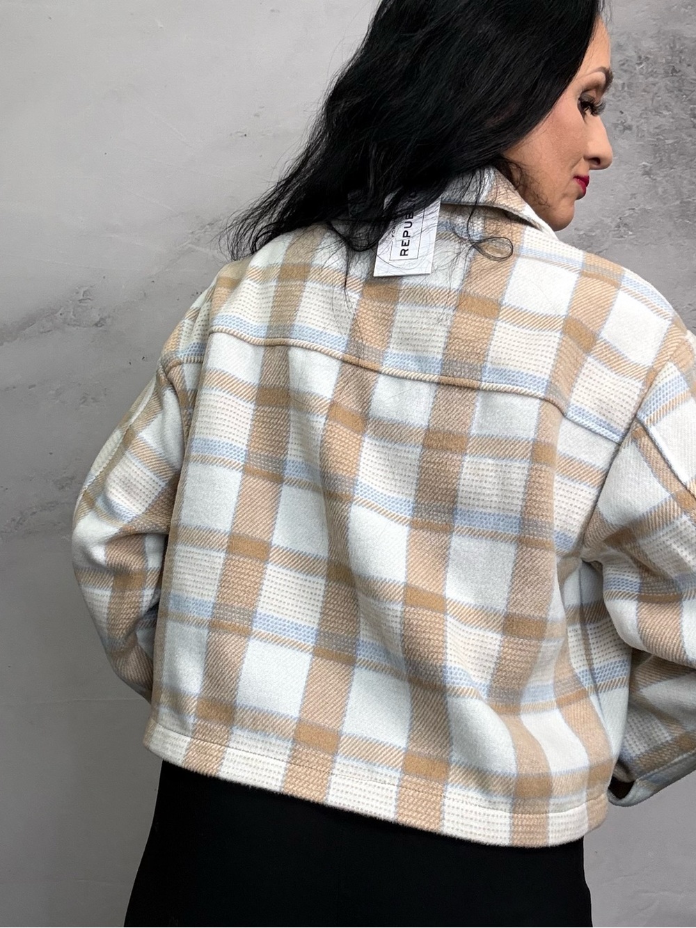 For The Republic Beige and White Plaid Jacket - Picture 3 of 6